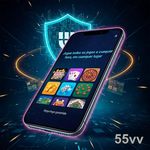 Imagem do aplicativo 55vv apresentando funcionalidades, com o logo do site 55vv ao fundo.