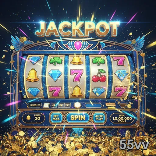 Imagem de slots de cassino com o logo do site 55vv, referências a jogos de azar e entretenimento online.